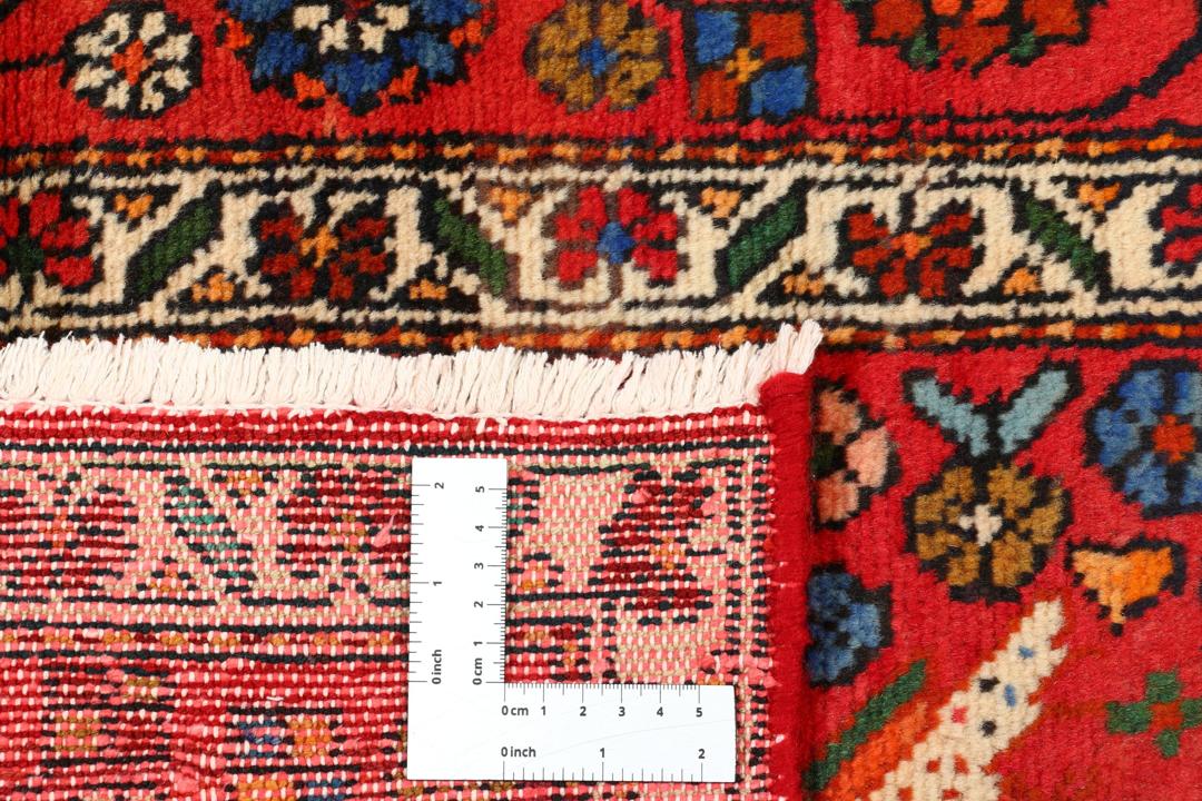A hand-knotted Hamadan rug from the Middle East with a vibrant red field and bird motifs.