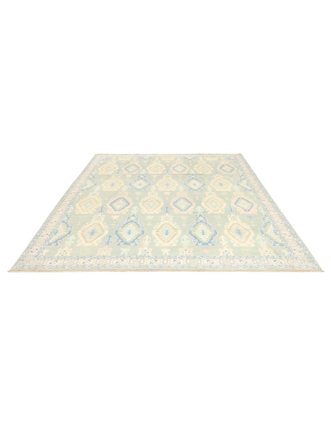 Covor afgan Kazak înnodat manual în nuanțe de verde-deschis cu modele geometrice