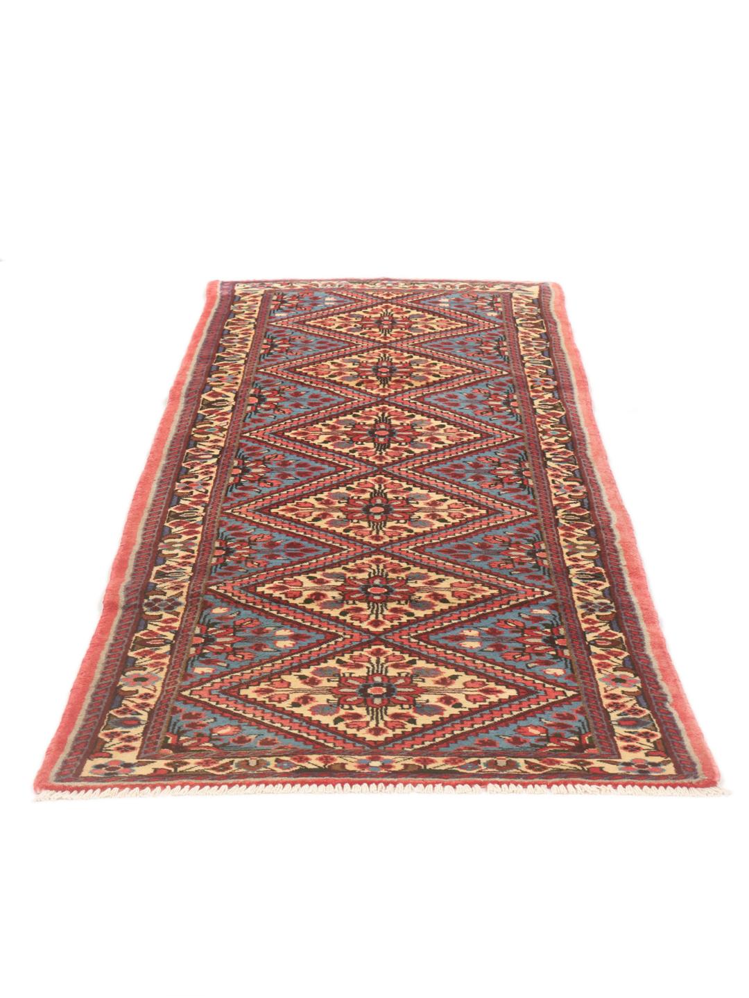 Handgeknoopte Rudbar-loper met een blauw en rood ruitpatroon