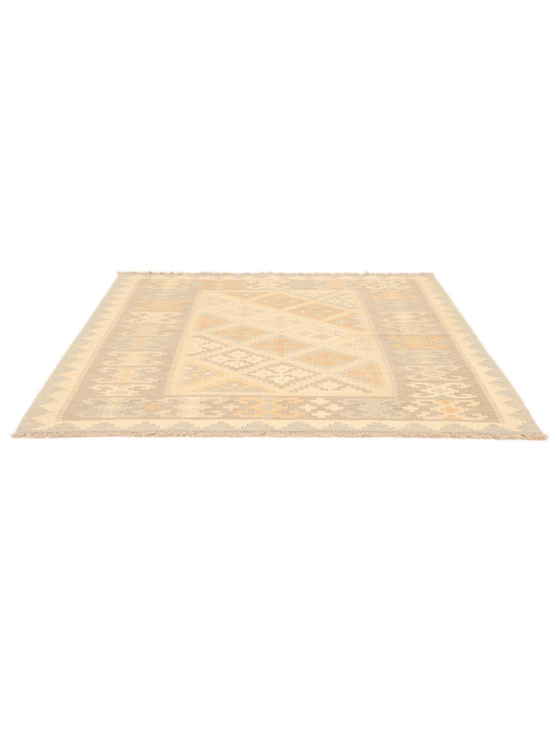 Tappeto Kelim Ghashghai tessuto a mano nei toni del beige e dell'azzurro chiaro