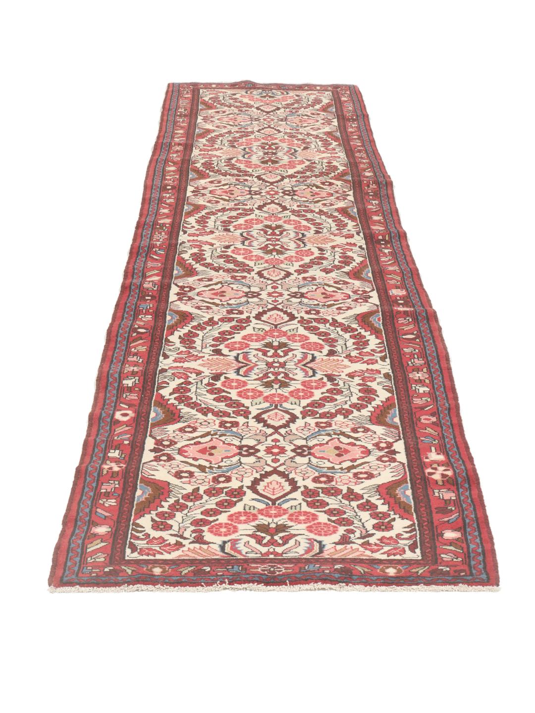 Tapis couloir Mehraban noué à la main en rouge avec des motifs floraux traditionnels