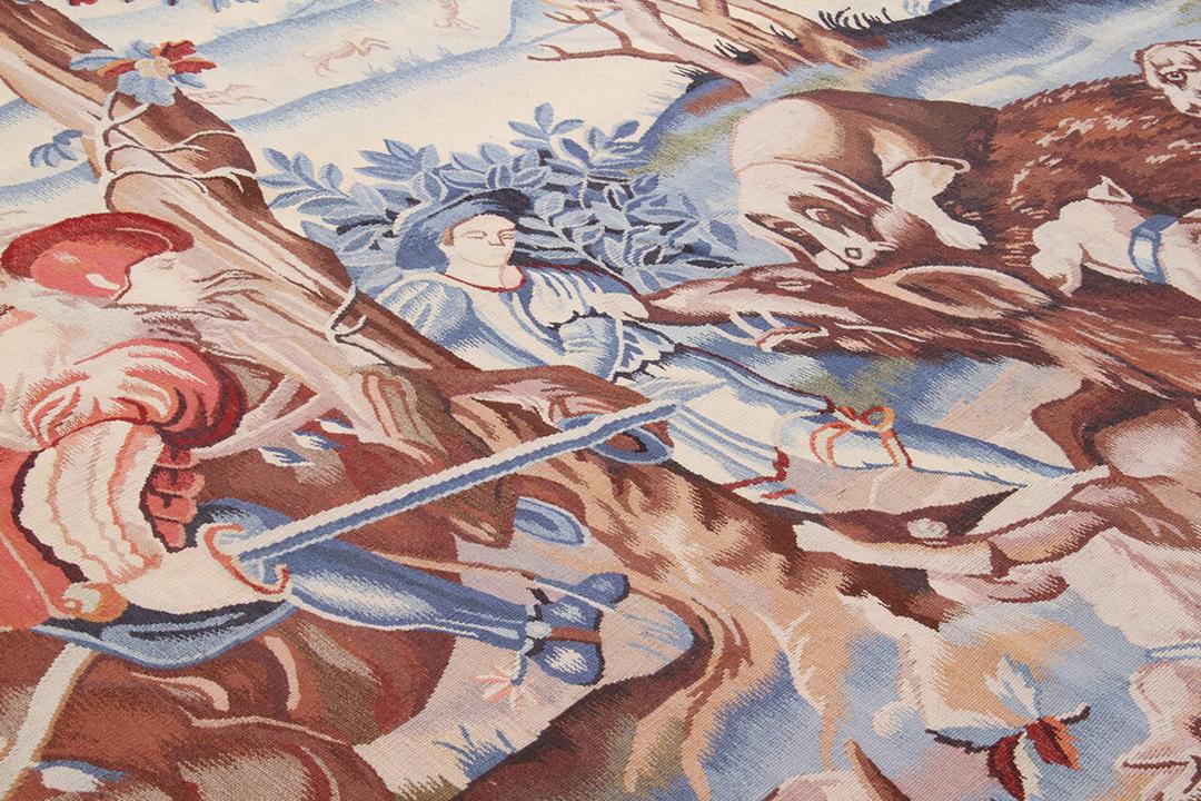 Handgeweven Kilim tapijt uit China met een klassiek jachttafereel in blauwe en aardse tinten.