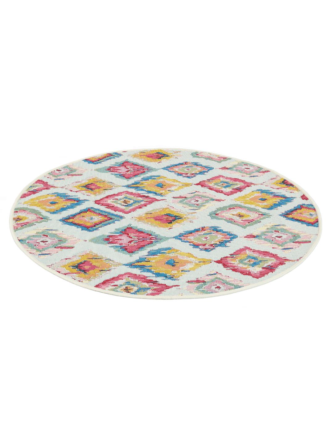 Rond lichtblauw vloerkleed met een kleurrijk ikat patroon