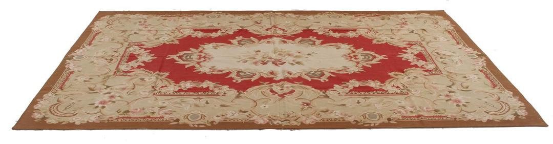 Håndvævet Aubusson-stil kelim-tæppe fra Kina i røde og beige nuancer