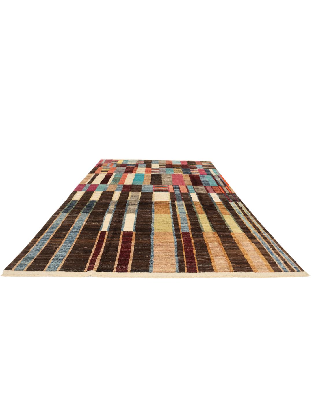 A vibrant, multicoloured, hand-knotted Afghan rug featuring a geometric block pattern.