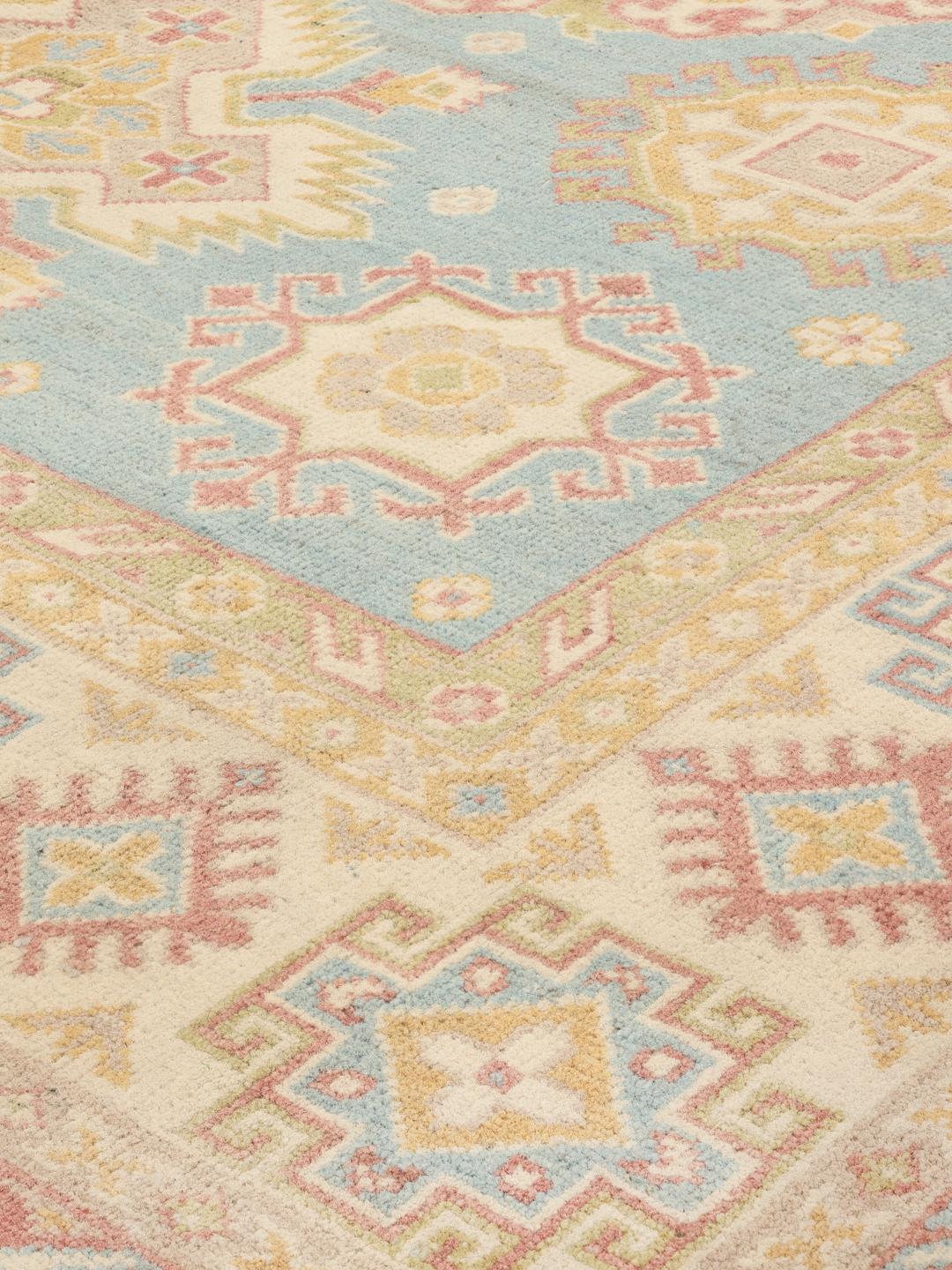 Handgefertigter afghanischer Kazak-Teppich in Blau mit geometrischen Mustern