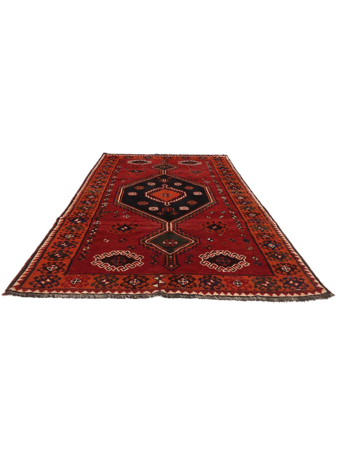 Handgemaakt Shiraz-tapijt uit het Midden-Oosten in donkerrood met tribale geometrische patronen