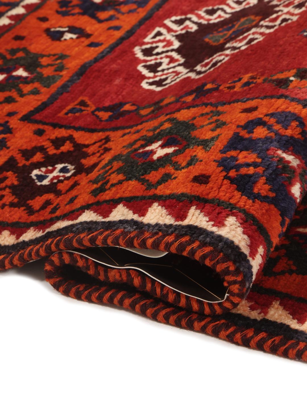 Handgemaakt Shiraz-tapijt uit het Midden-Oosten in donkerrood met tribale geometrische patronen