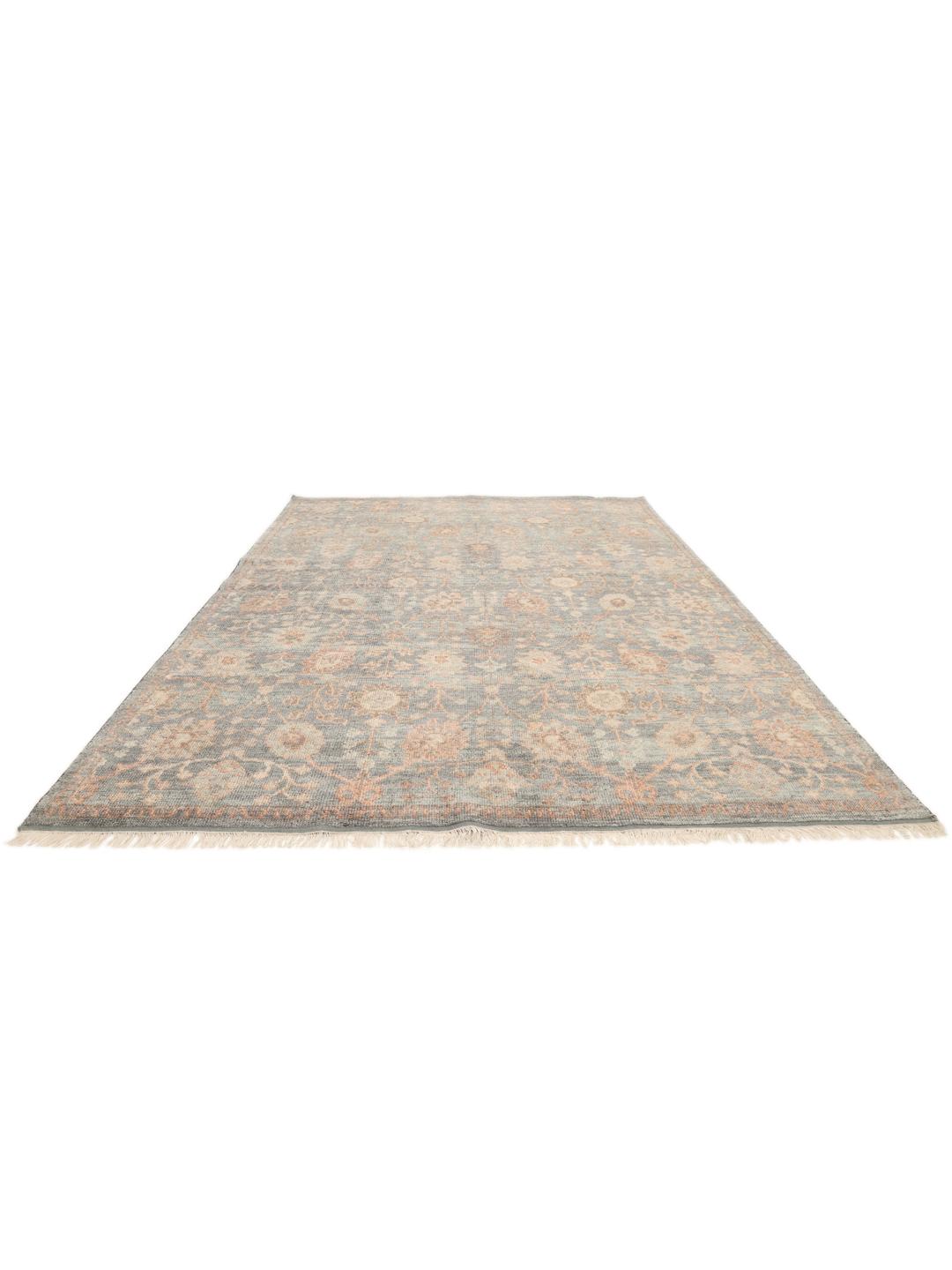 Handgeknoopt Usak Indo-tapijt uit India met bloemmotieven in blauw en beige
