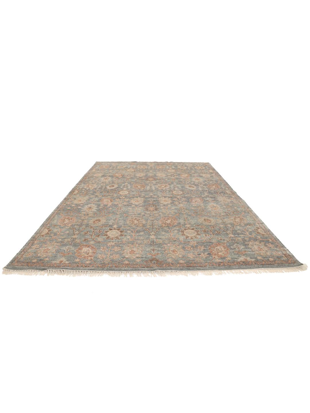 Handgeknoopt Usak Indo-tapijt uit India met bloemmotieven in blauw en beige