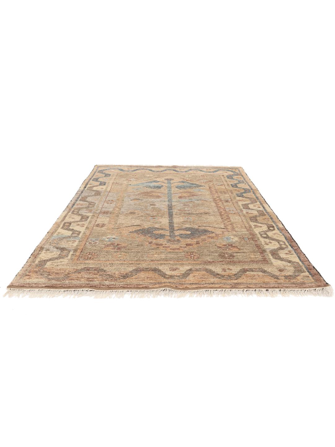 Handgeknoopt Indiaas tapijt met vogelmotief in beige en blauwe tinten