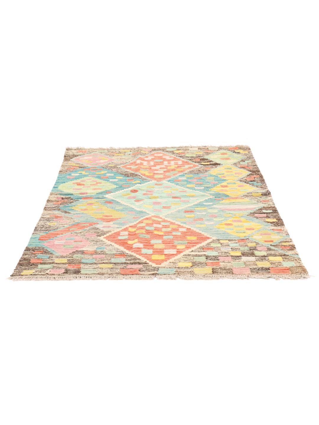 Tappeto kilim afghano tessuto a mano con vivaci motivi geometrici a rombi multicolore
