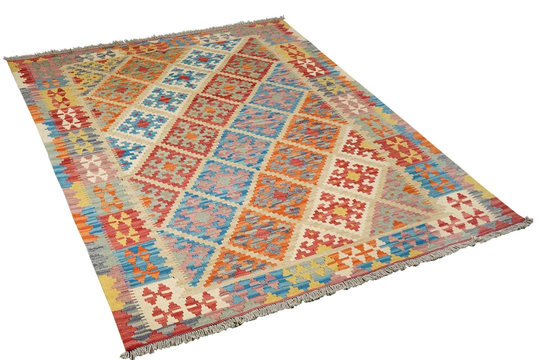 Håndvævet flerfarvet Kilim Qashqai-tæppe med geometriske diamantmønstre