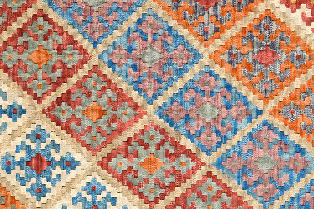 Håndvævet flerfarvet Kilim Qashqai-tæppe med geometriske diamantmønstre