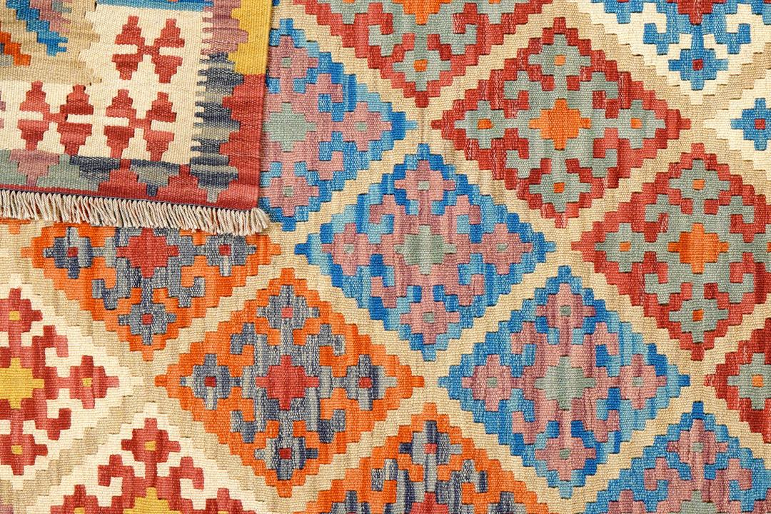 Håndvævet flerfarvet Kilim Qashqai-tæppe med geometriske diamantmønstre