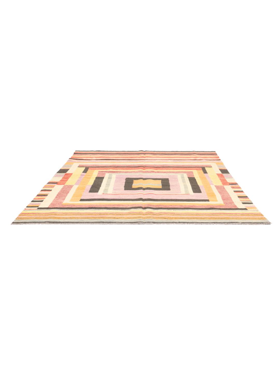 Handgeweven Afghaans kelim vloerkleed met geometrische patronen in veelkleurige wol.
