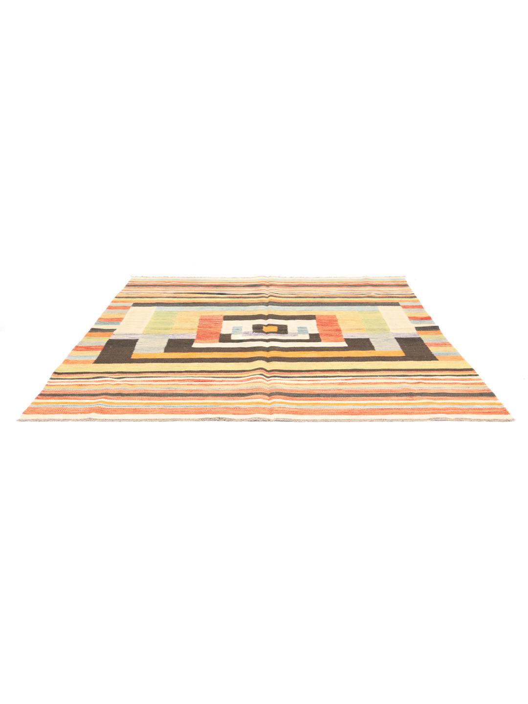 Ręcznie tkany afgański dywan typu kilim z żywymi, wielokolorowymi geometrycznymi pasami