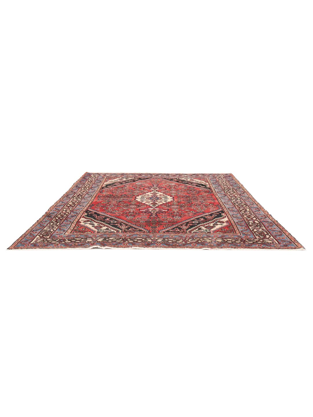 Met de hand geknoopt Hamadan-tapijt uit het Midden-Oosten met een rood medaillon en blauwe accenten