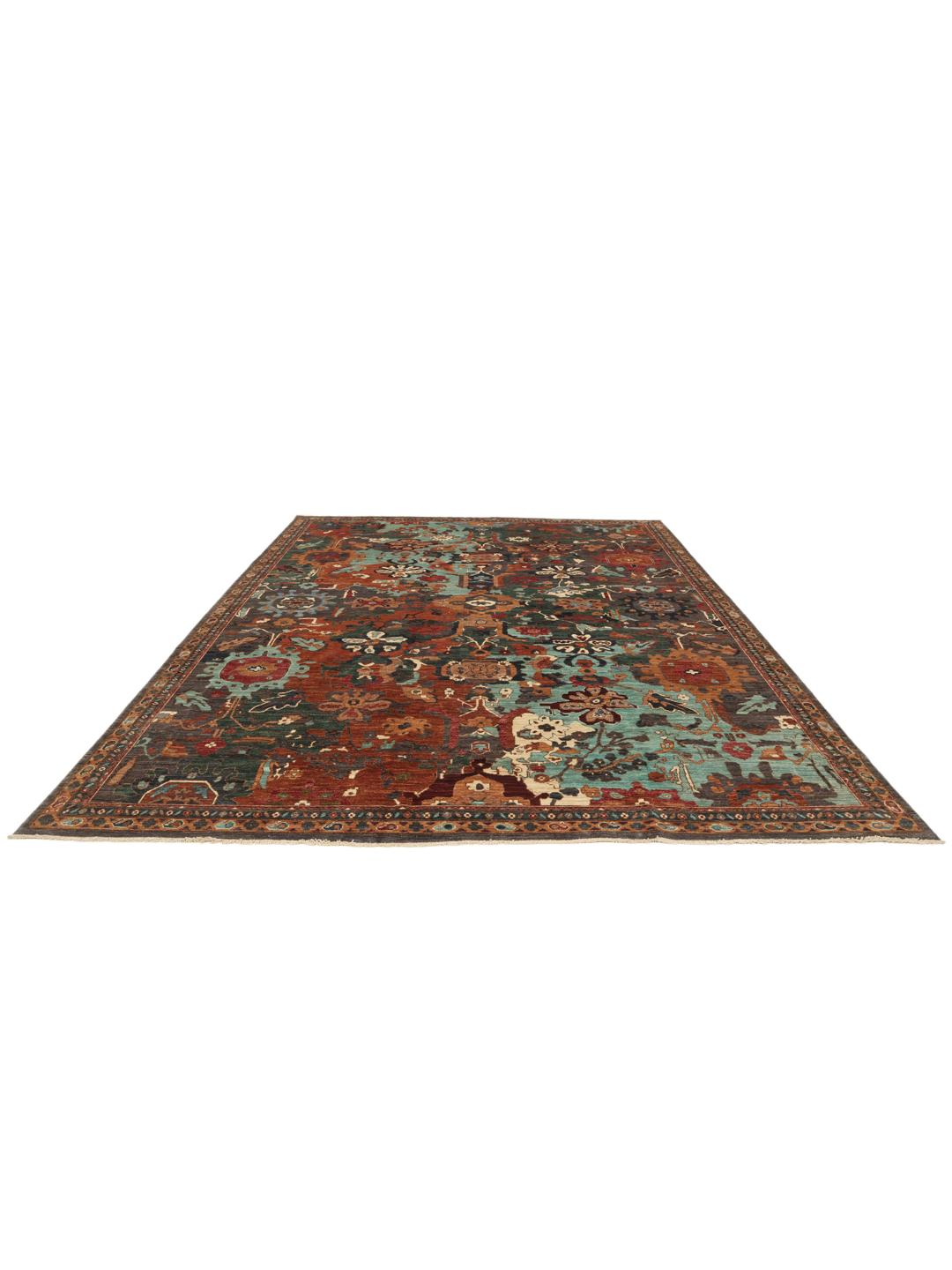 Alfombra afgana anudada a mano con un complejo patrón floral y geométrico multicolor