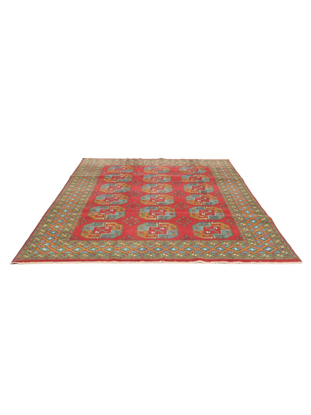 Tapis Afghan Akhche noué à la main avec un champ rouge et des motifs géométriques