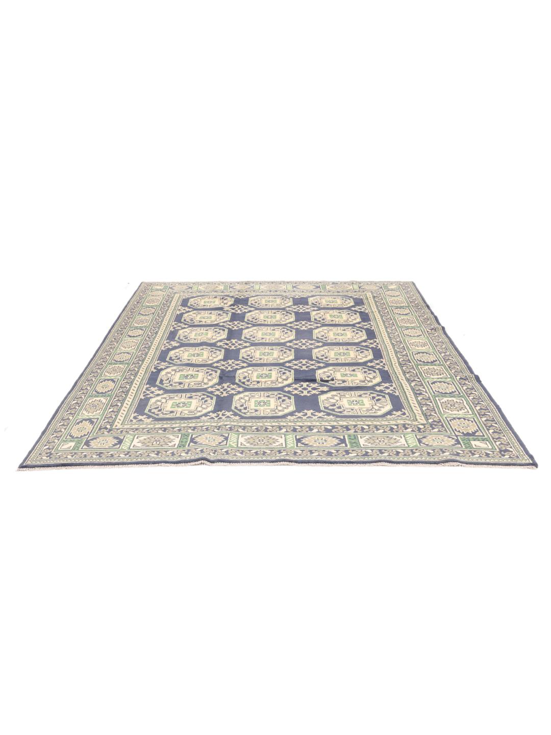 Met de hand geknoopt Afghan tapijt met een donkerblauw veld en geometrische patronen