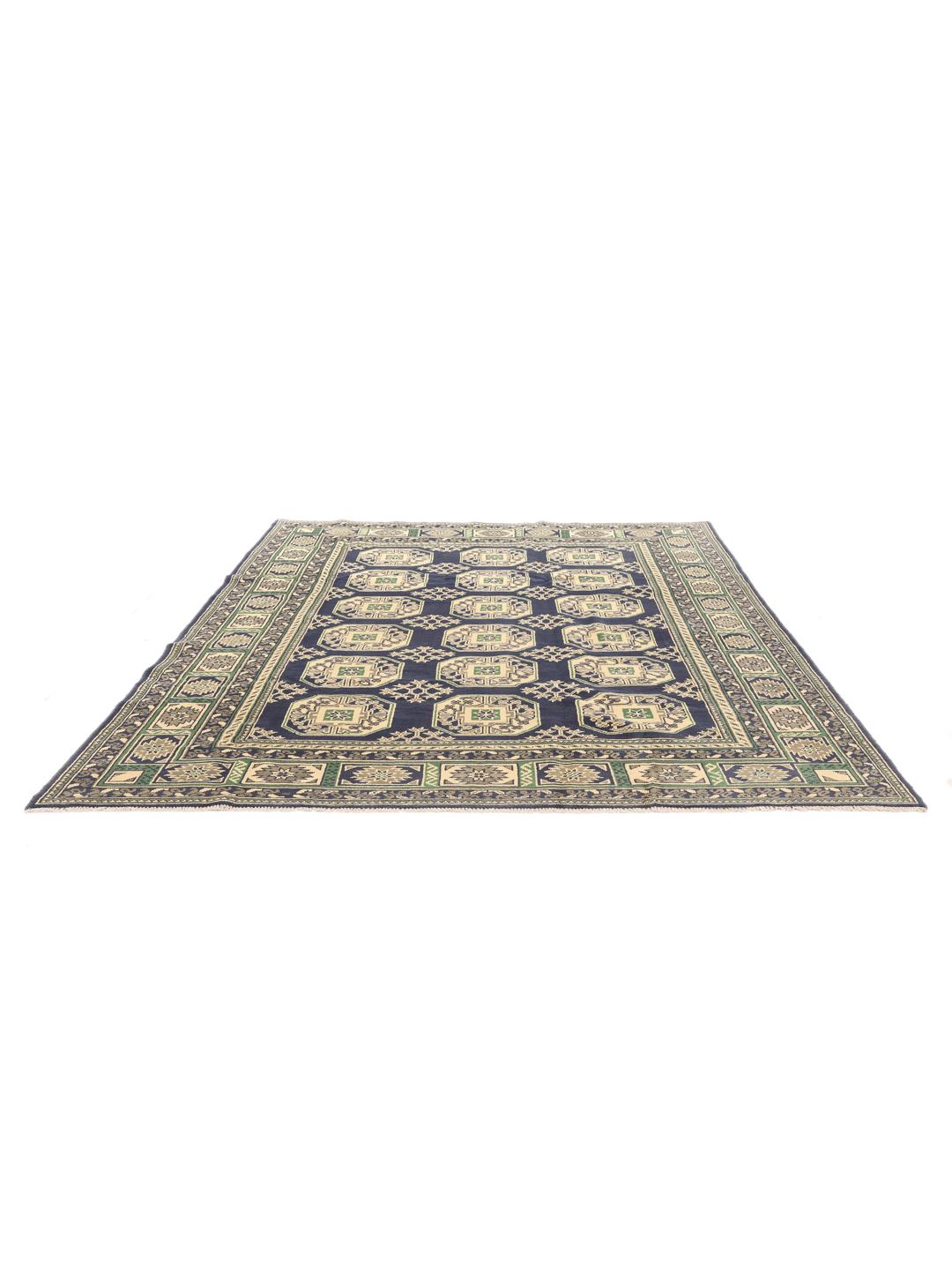Met de hand geknoopt Afghan tapijt met een donkerblauw veld en geometrische patronen