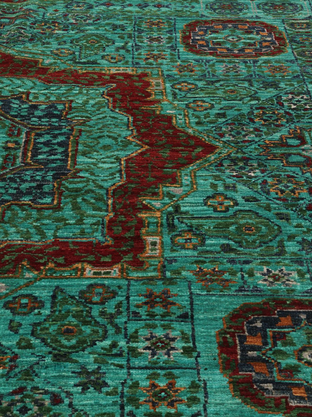Alfombra Mamluk anudada a mano de Afganistán en tonos vibrantes cerceta y rojo oscuro