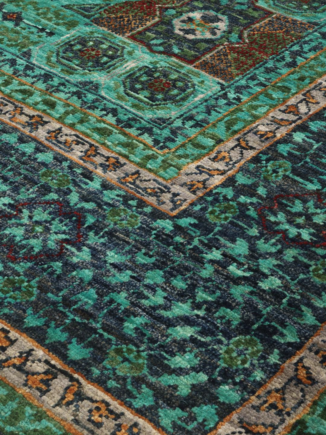 Alfombra Mamluk anudada a mano de Afganistán en tonos vibrantes cerceta y rojo oscuro