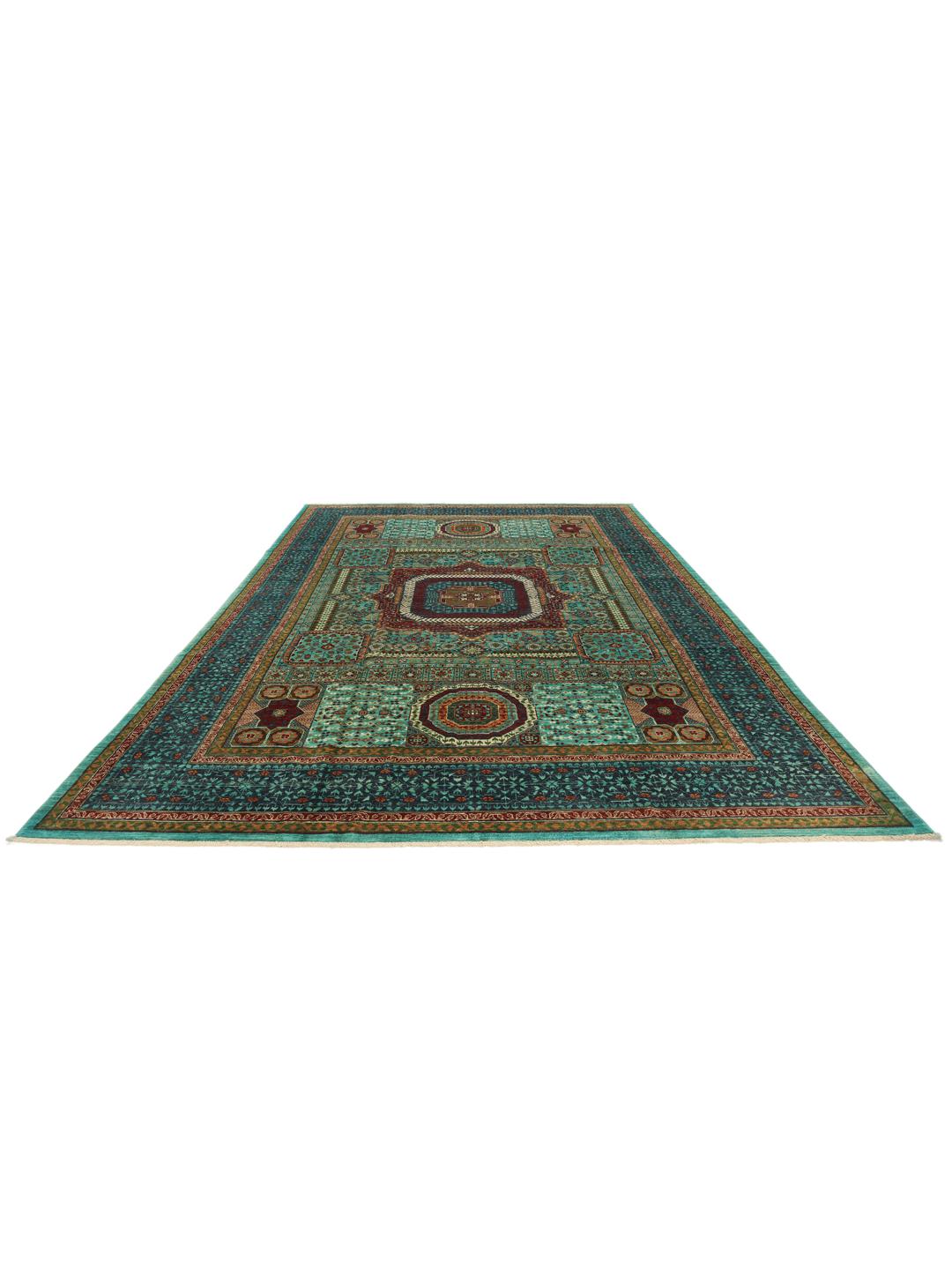 Et håndknyttet Mamluk-tæppe fra Afghanistan med dybblå og røde geometriske motiver.