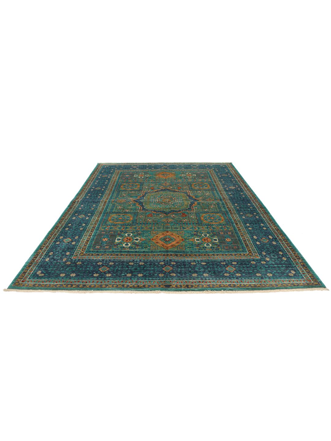 Un covor Mamluk înnodat manual din Afganistan, prezentând un câmp vibrant de culoare teal cu medalioane geometrice.