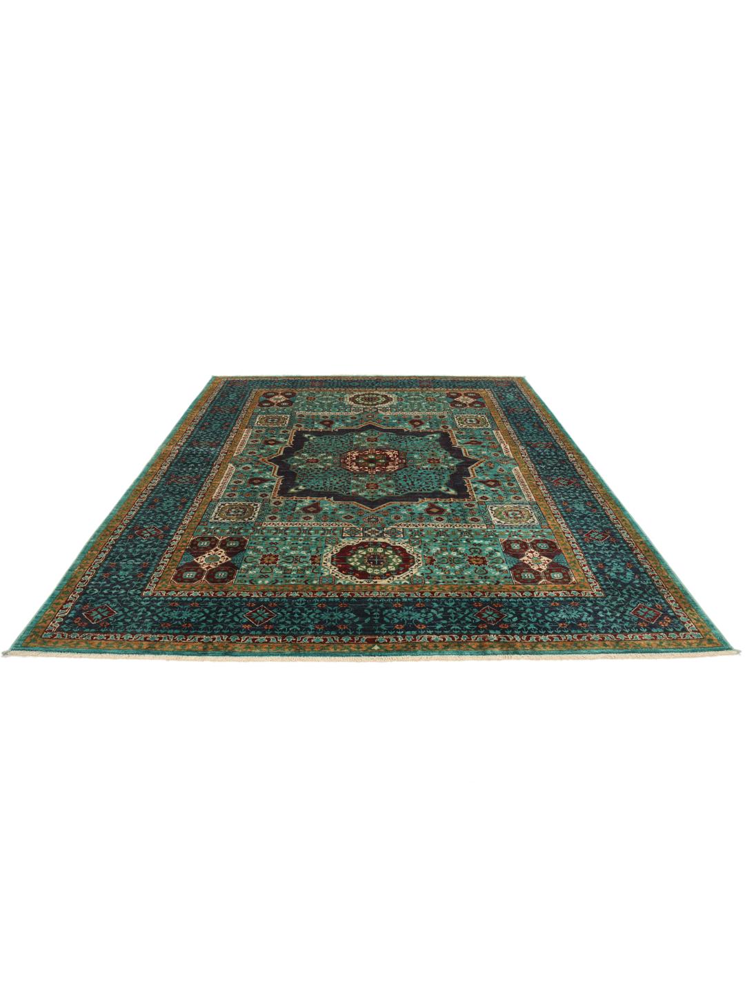Handgeknoopt Mamluk-tapijt uit Afghanistan met een groenblauw veld en ingewikkelde geometrische patronen.