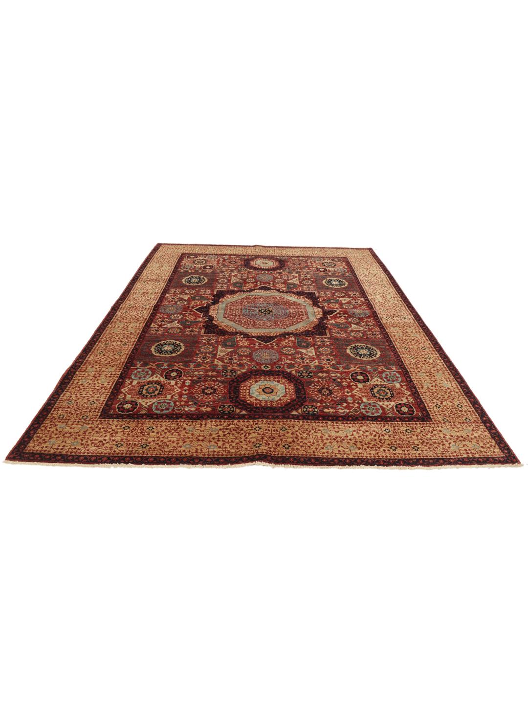Et håndknyttet afghansk Mamluk-tæppe med et dybrødt og beige geometrisk mønster.