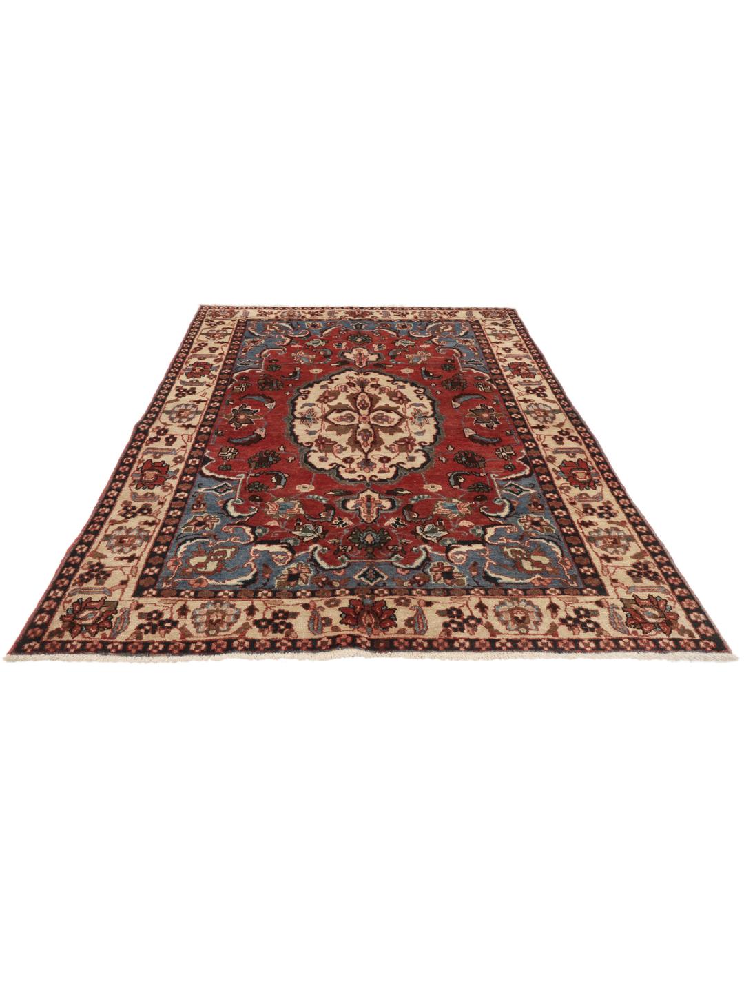 Handgeknoopt rood en blauw Mahal wollen tapijt uit het Midden-Oosten.