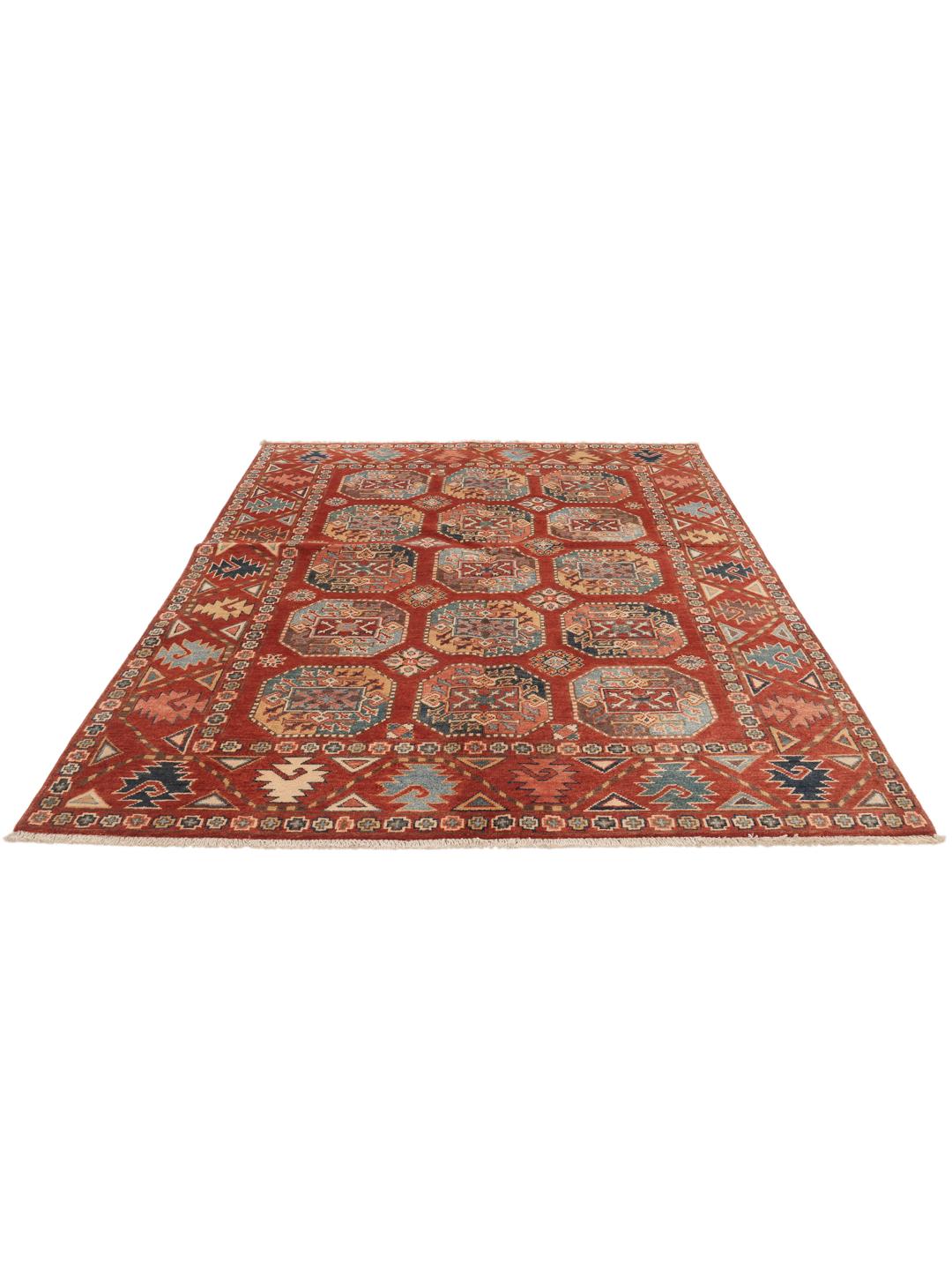 A hand-knotted Kazak rug from Afghanistan in deep red with geometric medallion motifs.