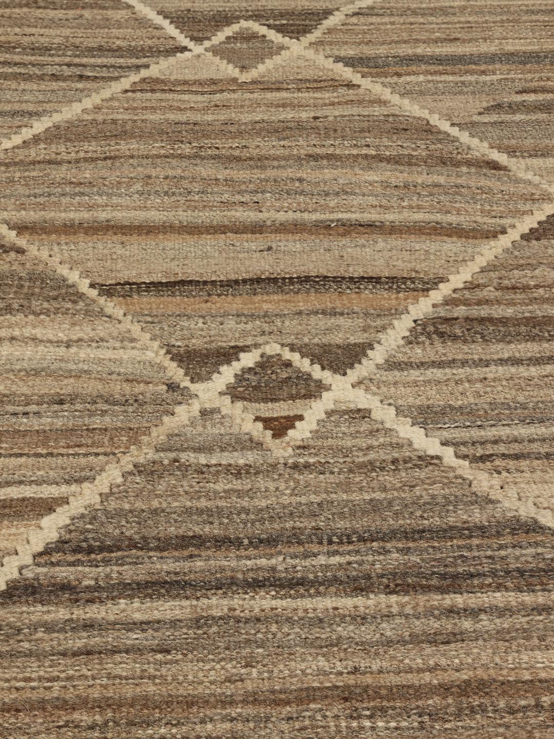 Hand-woven Kilim Ariana rug from Afghanistan with a brown and beige diamond pattern