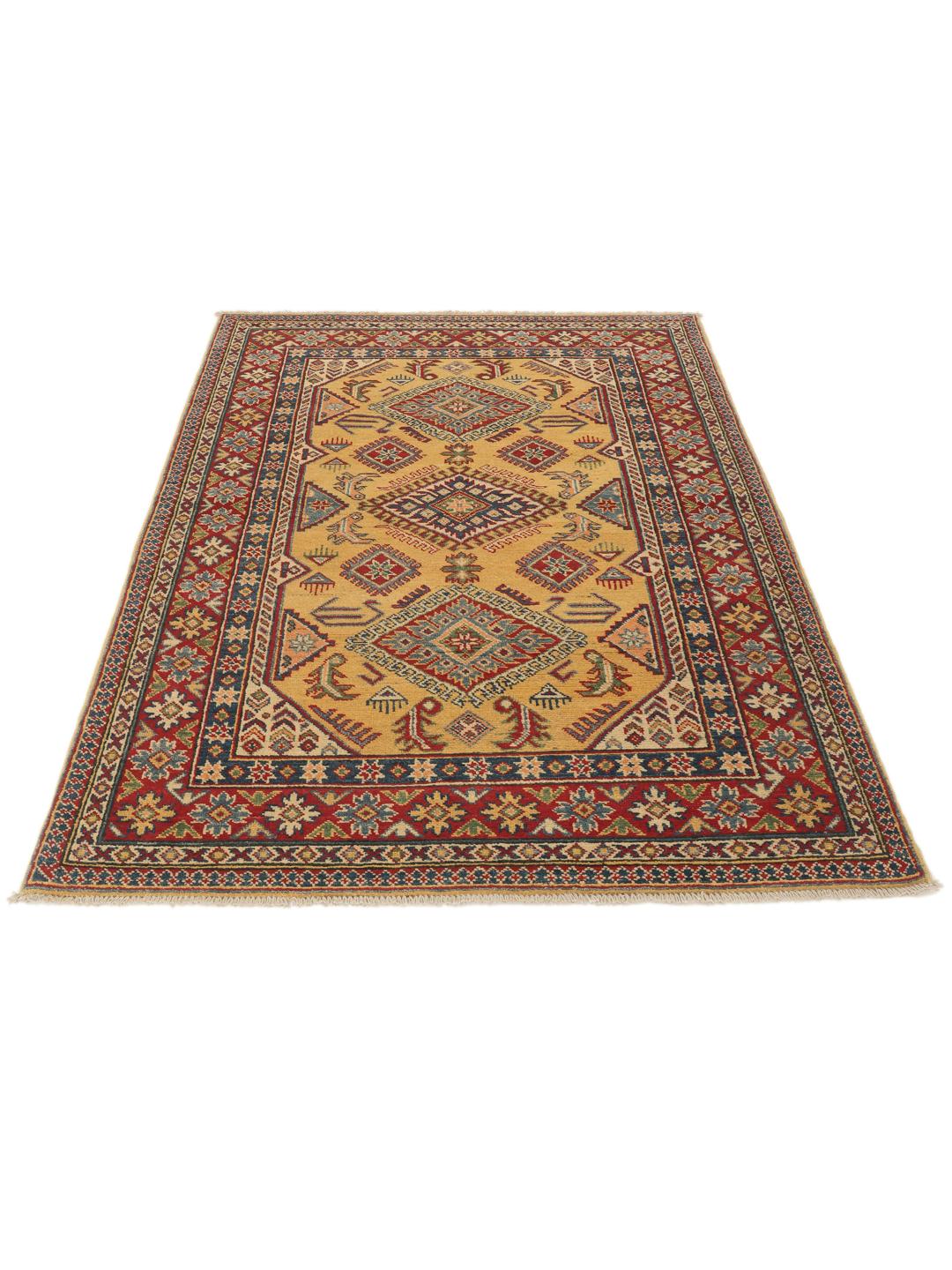 Handgeknüpfter Kazak-Teppich aus Afghanistan mit geometrischen Mustern in Gelb, Rot und Blau.
