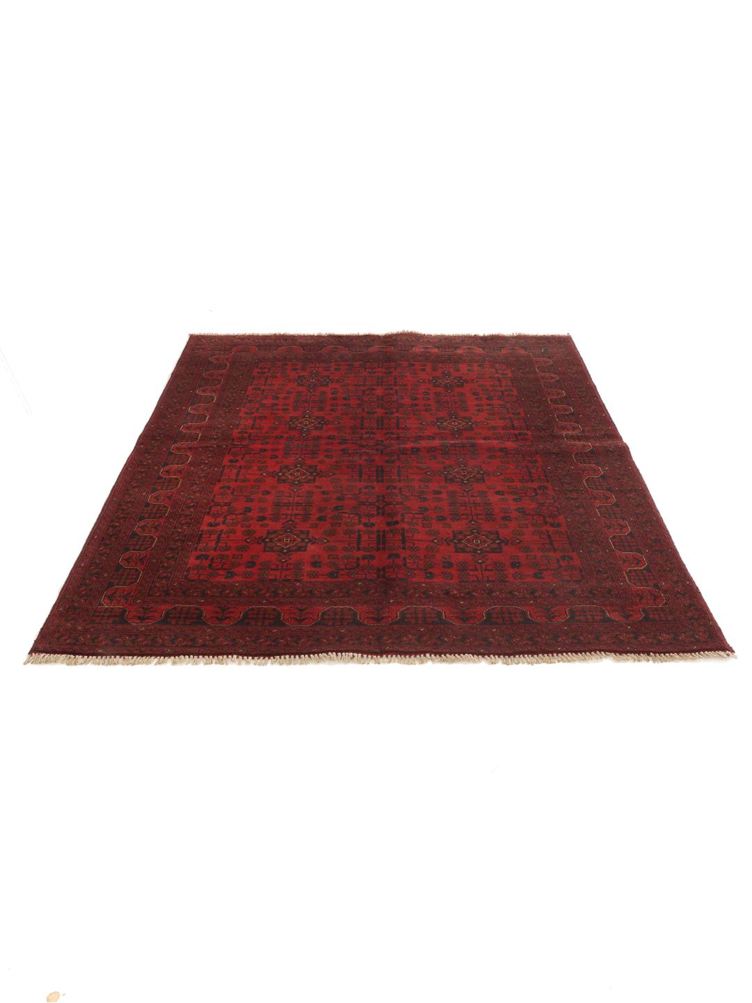 Tapis Afghan Khal Mohammadi noué à la main en rouge foncé avec des motifs géométriques