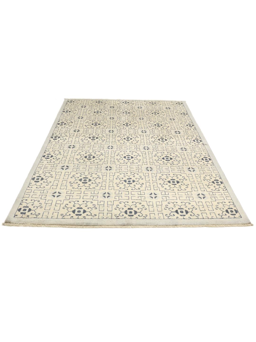 Handgemaakt Afghaans Kazak-tapijt met geometrische patronen in beige en donkerblauw