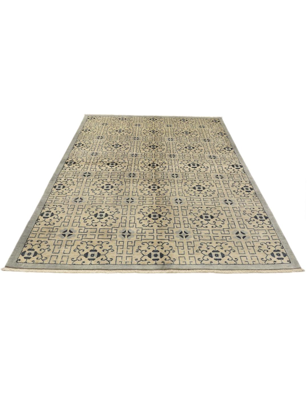 Handgemaakt Afghaans Kazak-tapijt met geometrische patronen in beige en donkerblauw