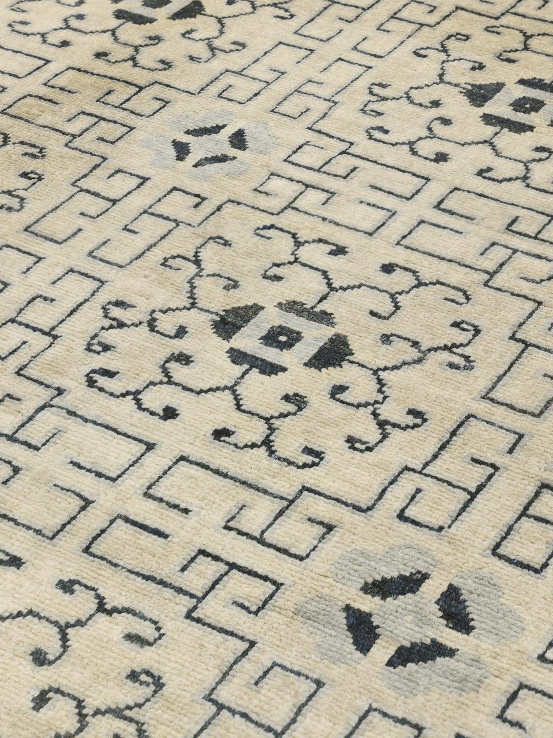 Handgemaakt Afghaans Kazak-tapijt met geometrische patronen in beige en donkerblauw