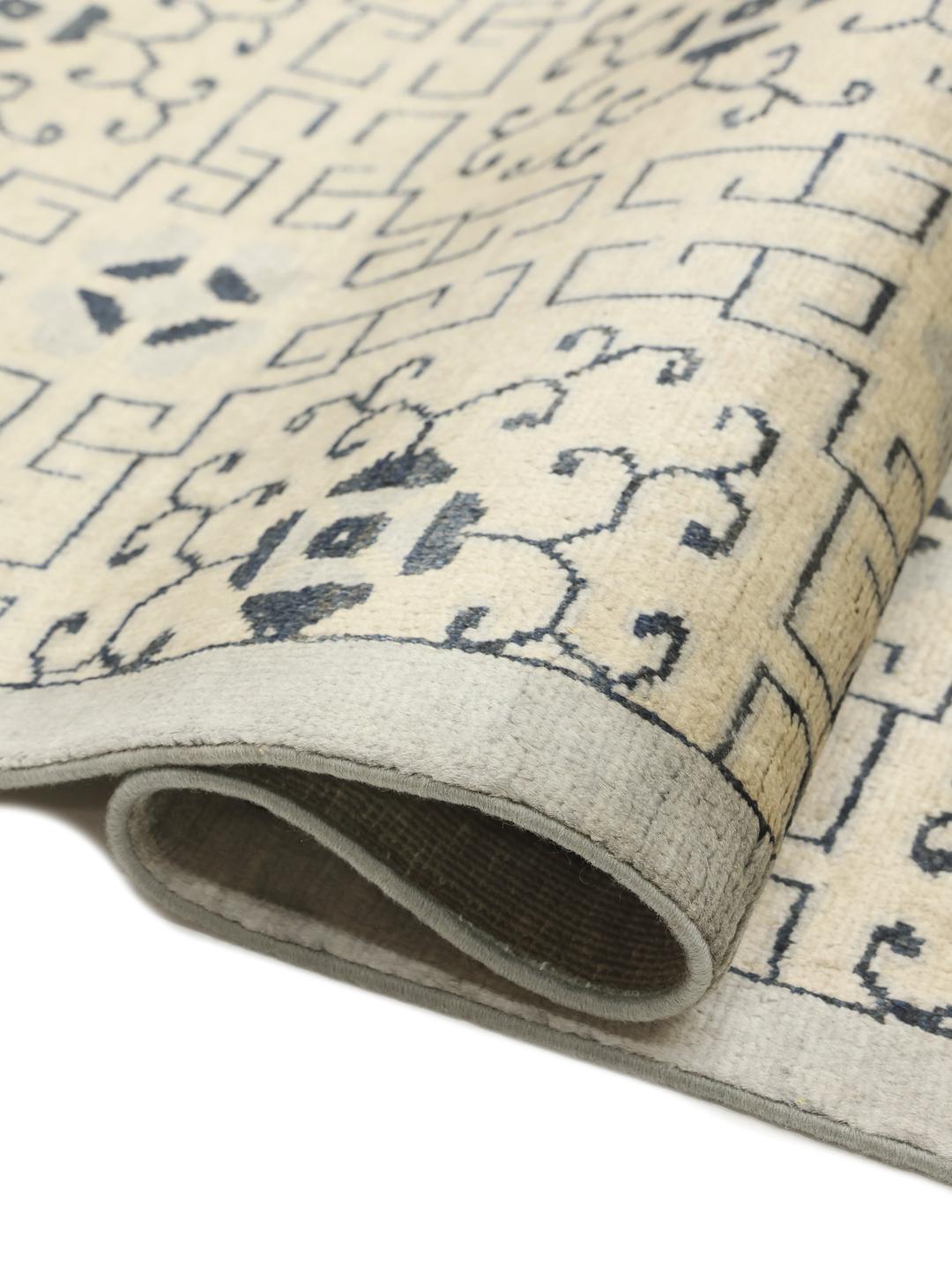 Handgemaakt Afghaans Kazak-tapijt met geometrische patronen in beige en donkerblauw