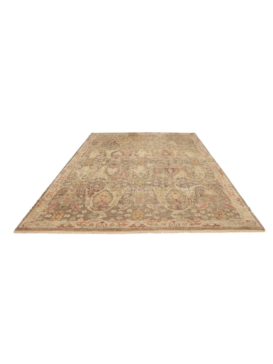 Covor Usak înnodat manual din India cu un model floral gri și multicolor
