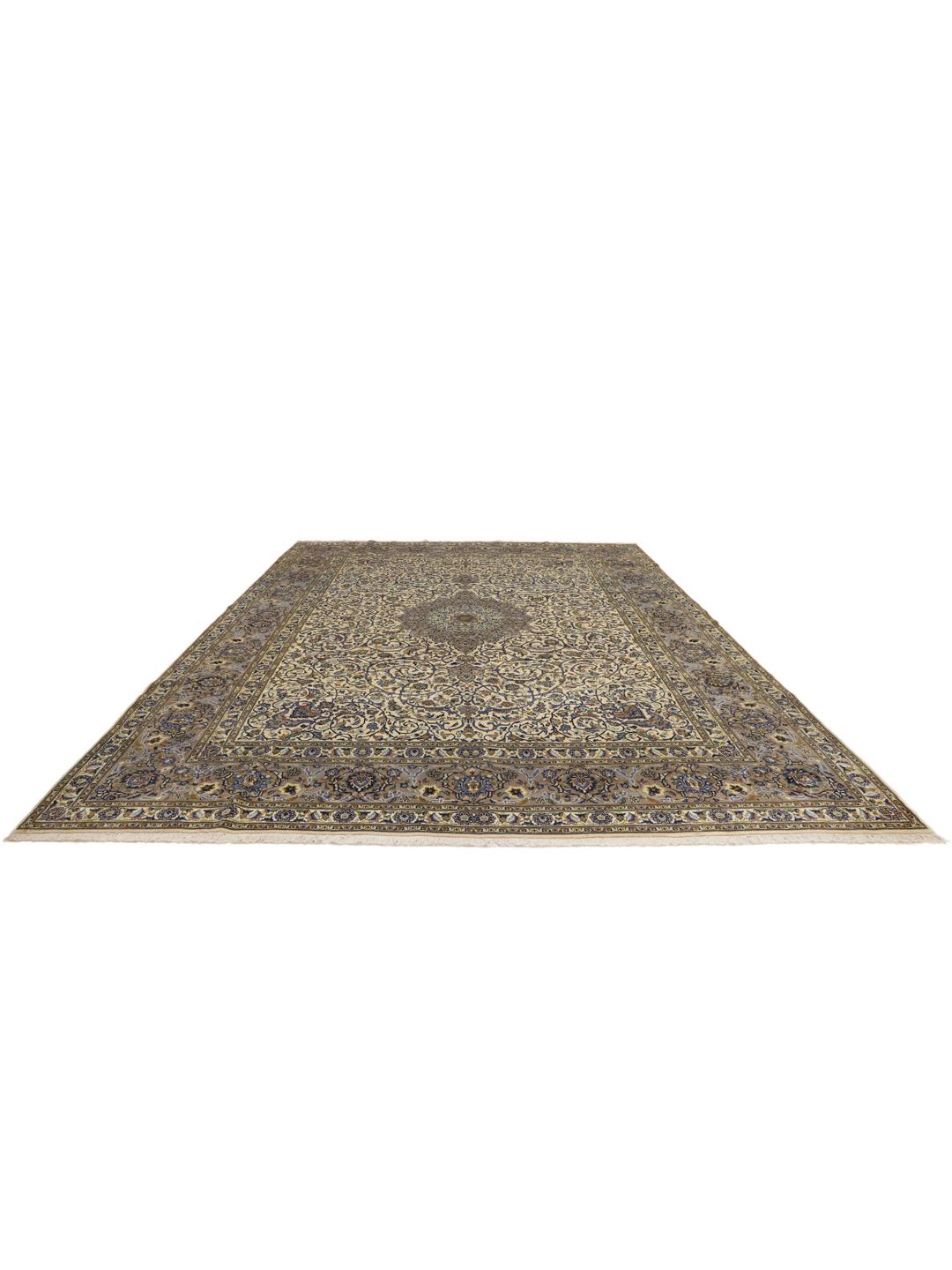 Hand-knotted Keshan rug from the Middle East with an ornate floral pattern in beige and blue tones