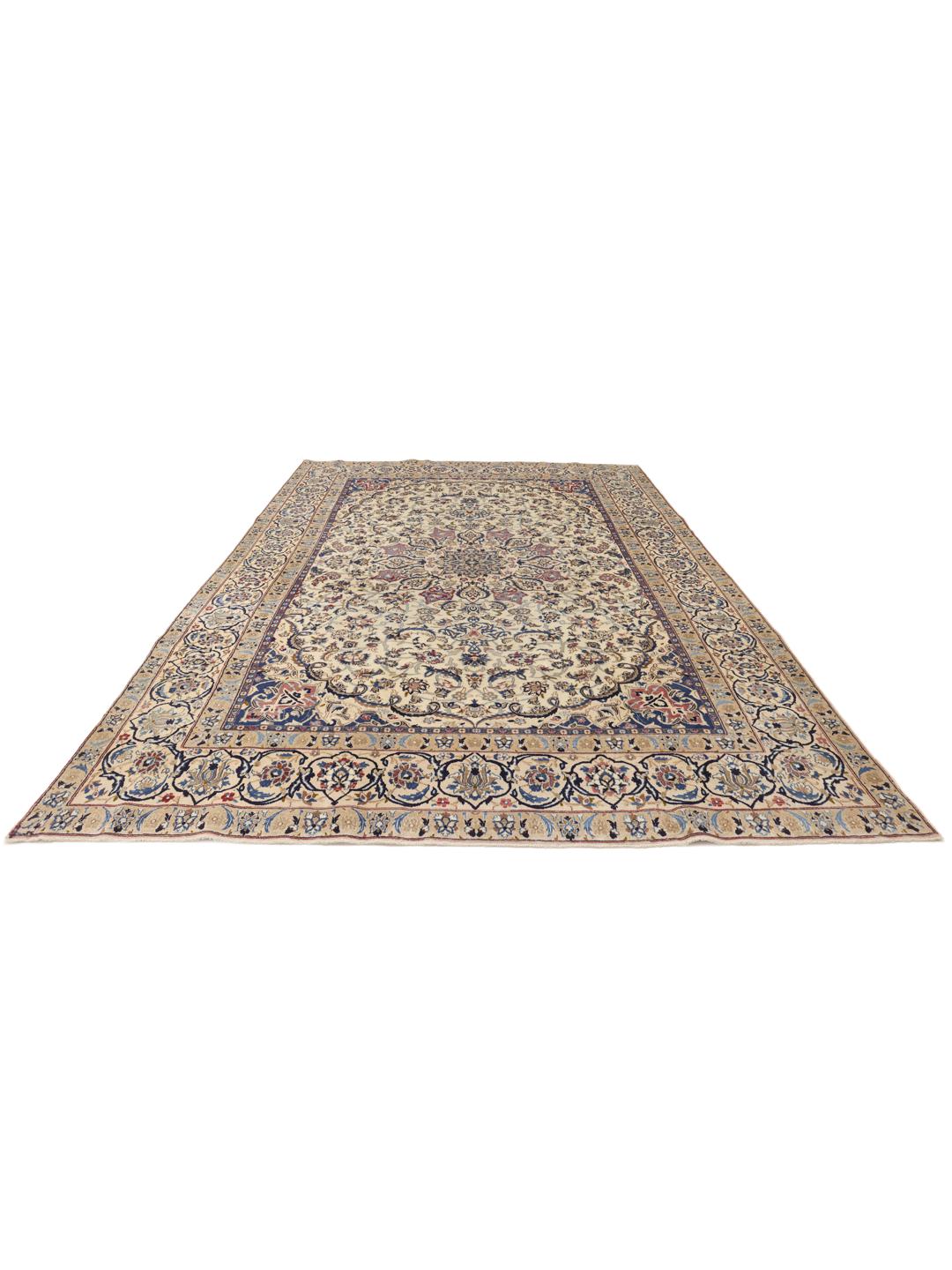 Hand-knotted Middle Eastern rug with intricate floral patterns in beige and blue