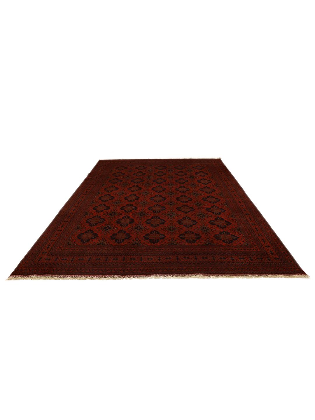 Hand-knotted Afghan Khal Mohammadi wool rug in dark-red with traditional patterns.