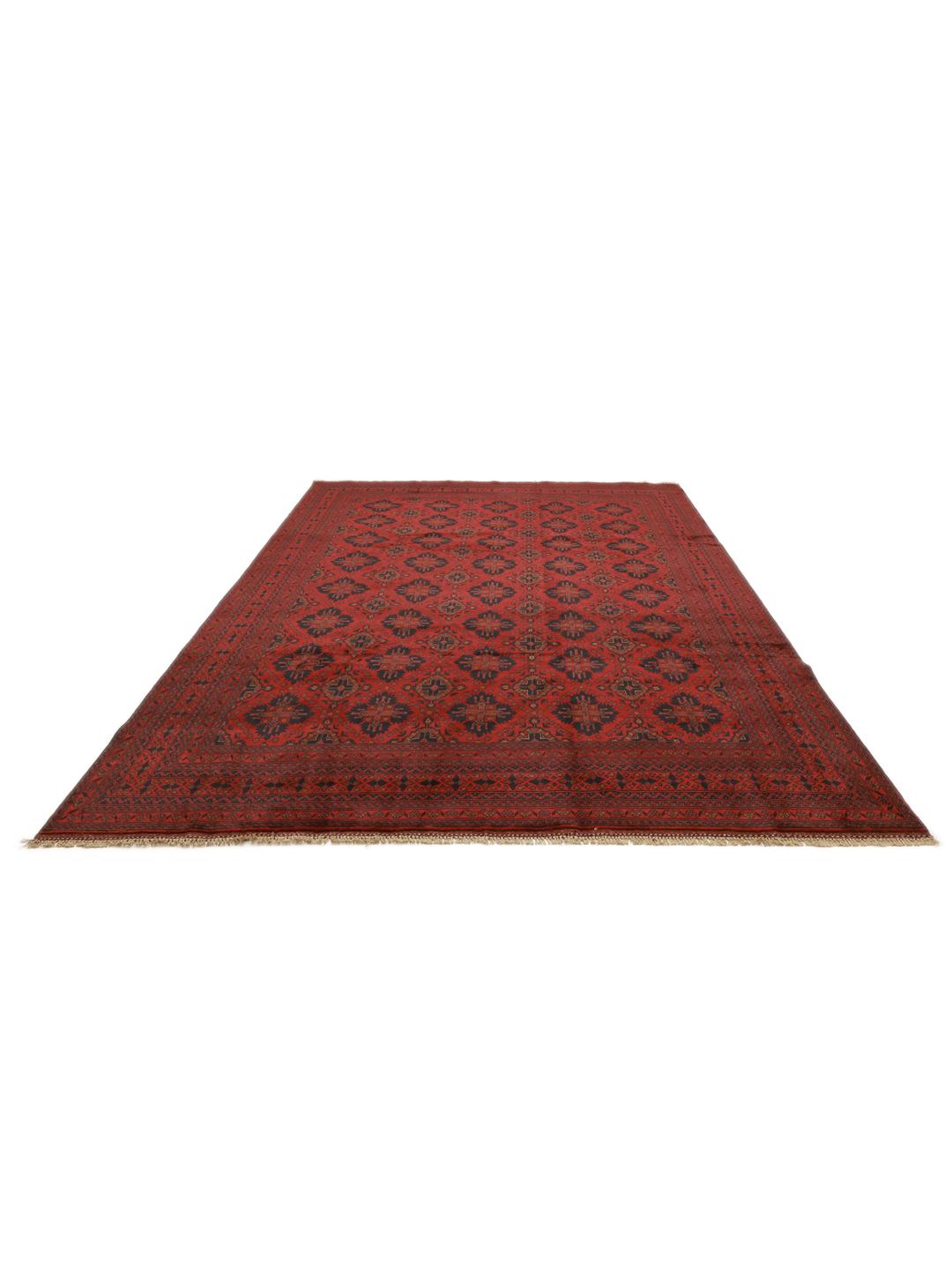 Hand-knotted Afghan Khal Mohammadi wool rug in dark-red with traditional patterns.