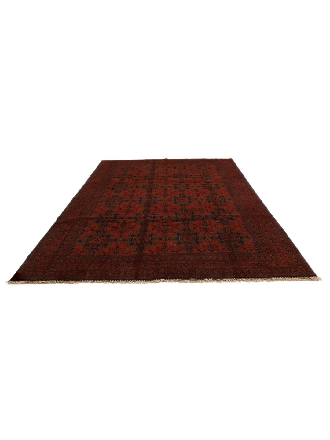 Hand-knotted Afghan Khal Mohammadi rug with a deep red field and geometric motifs