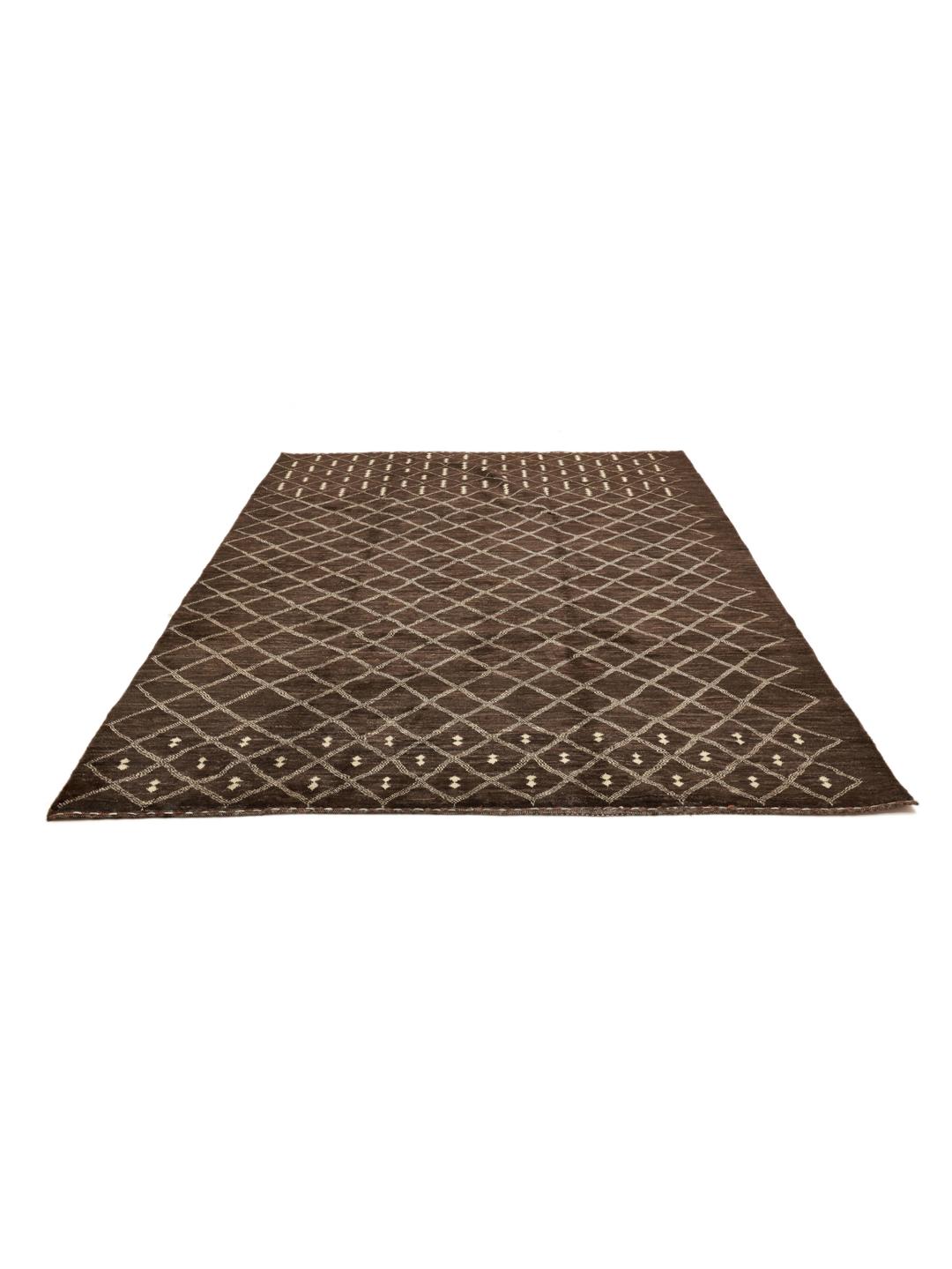 A hand-knotted brown wool rug with a geometric grid pattern from the Middle East.
