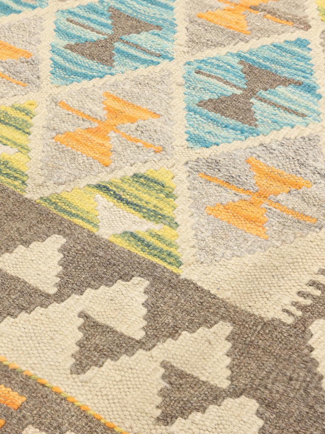 Handgeweven Afghan Kelim tapijt met geometrische ruitpatronen in multicolor