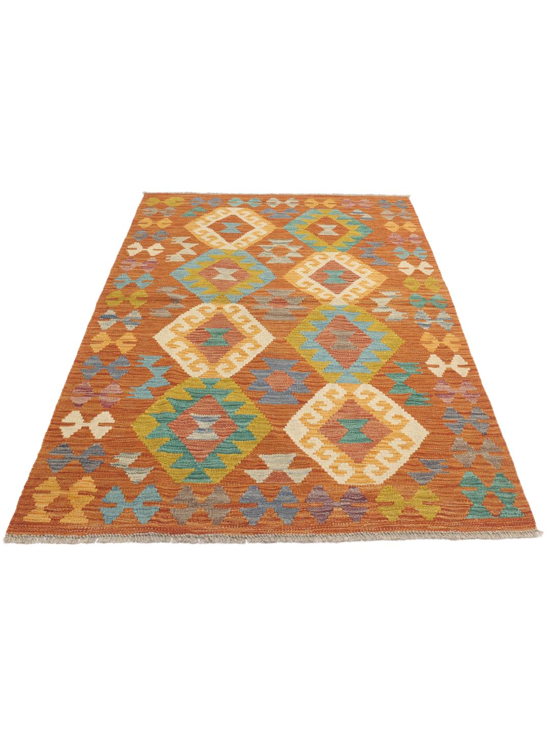 Tappeto Kelim afghano tessuto a mano con motivo geometrico nei toni vibranti dell'arancione e multicolore.